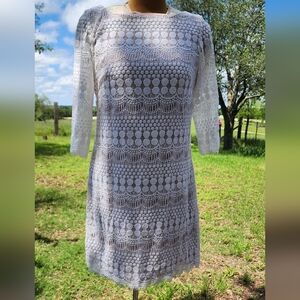 Jessica White and Tan Long Sleeve Sheath Dress